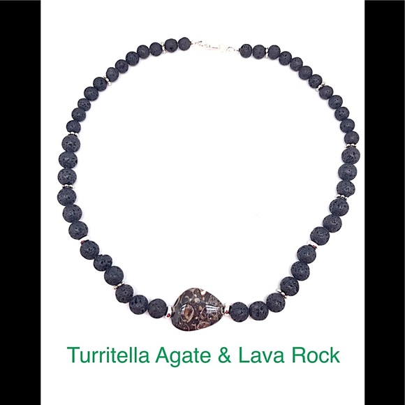 Turritella Agate & Lava Rock Unisex Necklace 18” or 20”, NWT, Ships in Gift Box - Picture 1 of 10